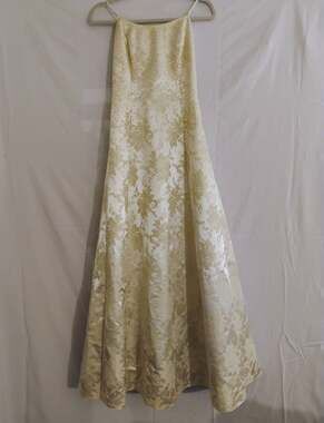 Vintage Onyx Nite Gold Floral Brocade Lace-Up Gown - Size 10 (Modern Size 6/8)